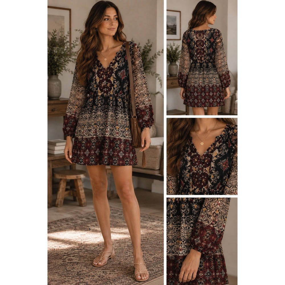Womens Medium Boho Mini Dress Black Burgundy Ornate Print Long Sleeve
